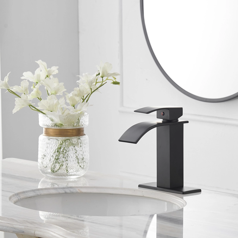 HK12-3247221 Waterfall Single Hole Single-Handle Low-Arc Bathroom Faucet With Pop-up Drain Assembly in Matte Black