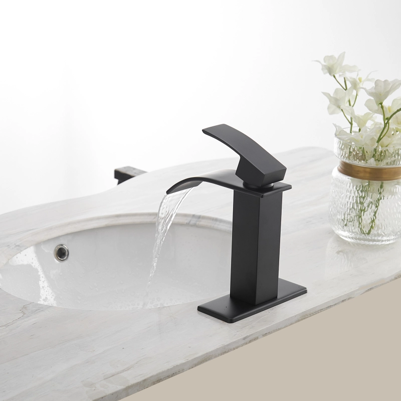HK12-3247221 Waterfall Single Hole Single-Handle Low-Arc Bathroom Faucet With Pop-up Drain Assembly in Matte Black