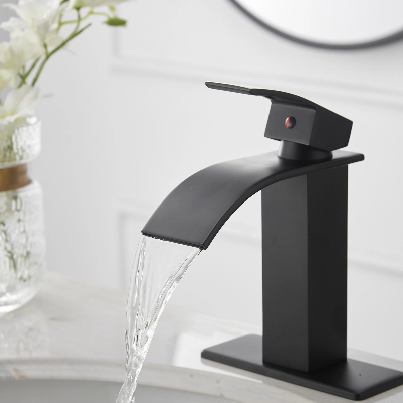 HK12-3247221 Waterfall Single Hole Single-Handle Low-Arc Bathroom Faucet With Pop-up Drain Assembly in Matte Black