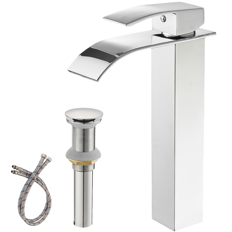 HK12-3247242 Waterfall Single Hole Single Handle Bathroom Vessel Sink Faucet With Pop-up Drain Assembly in Polished Chrome