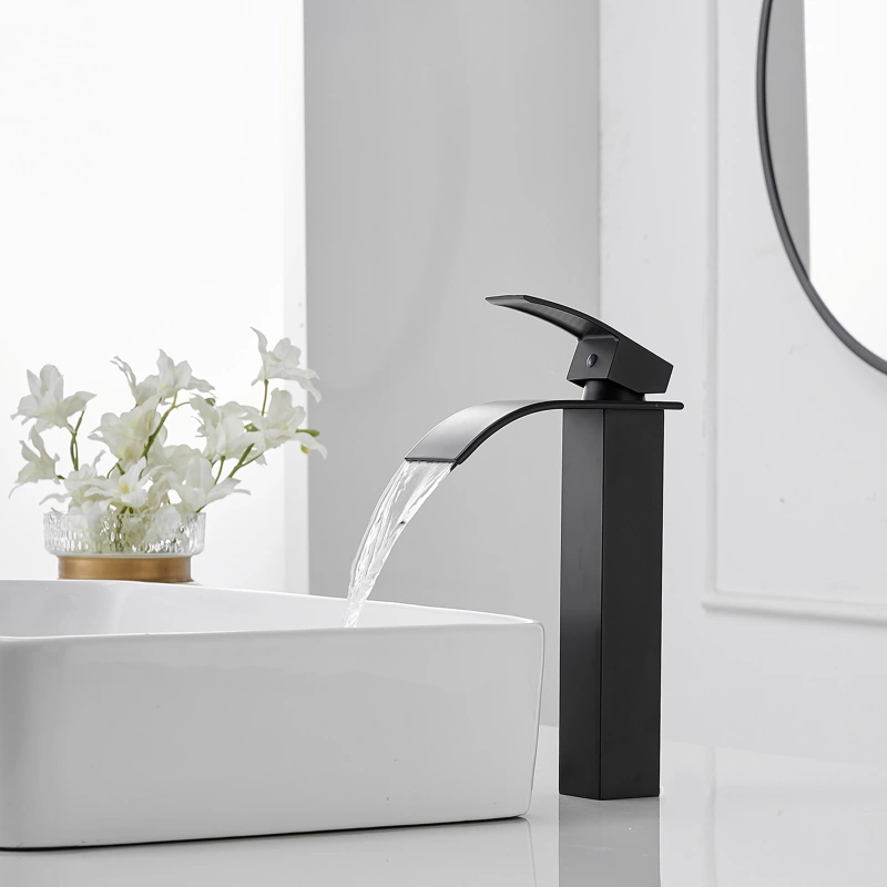 HK12-3247245 Waterfall Single Hole Single Handle Bathroom Vessel Sink Faucet With Pop-up Drain Assembly in Matte Black