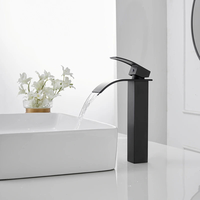 HK12-3247245 Waterfall Single Hole Single Handle Bathroom Vessel Sink Faucet With Pop-up Drain Assembly in Matte Black