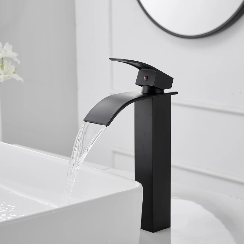 HK12-3247245 Waterfall Single Hole Single Handle Bathroom Vessel Sink Faucet With Pop-up Drain Assembly in Matte Black