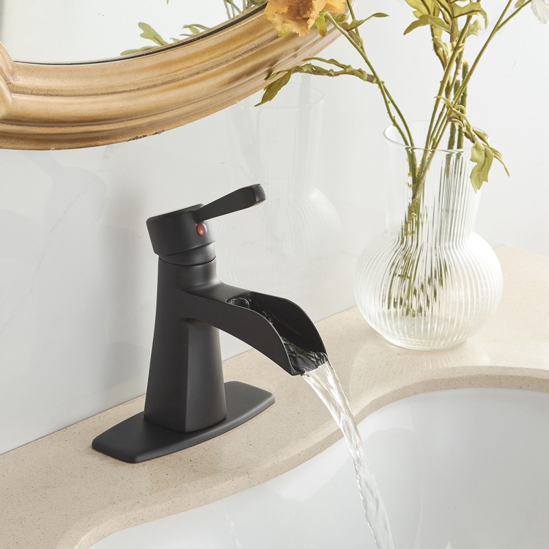 HK12-3247266 Waterfall Single Hole Single-Handle Low-Arc Bathroom Sink Faucet With Pop-up Drain Assembly In Matte Black