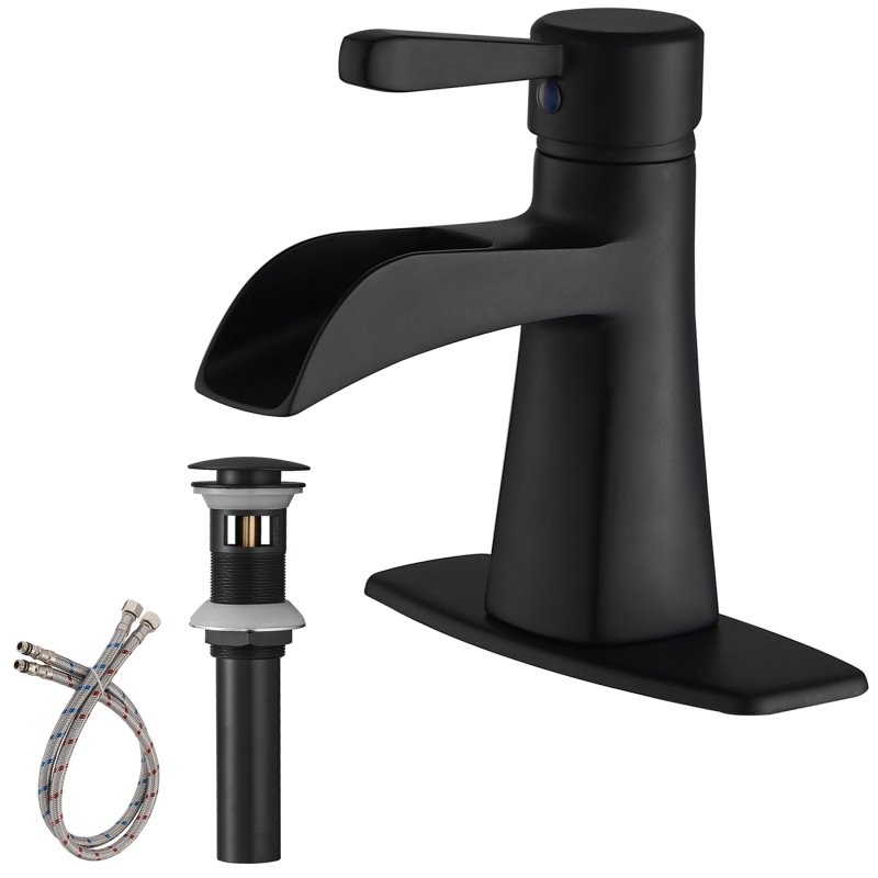 HK12-3247266 Waterfall Single Hole Single-Handle Low-Arc Bathroom Sink Faucet With Pop-up Drain Assembly In Matte Black