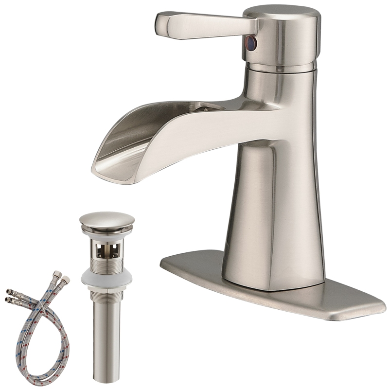 HK12-3247269 Waterfall Single Hole Single-Handle Low-Arc Bathroom Sink Faucet With Pop-up Drain Assembly In Brushed Nickel