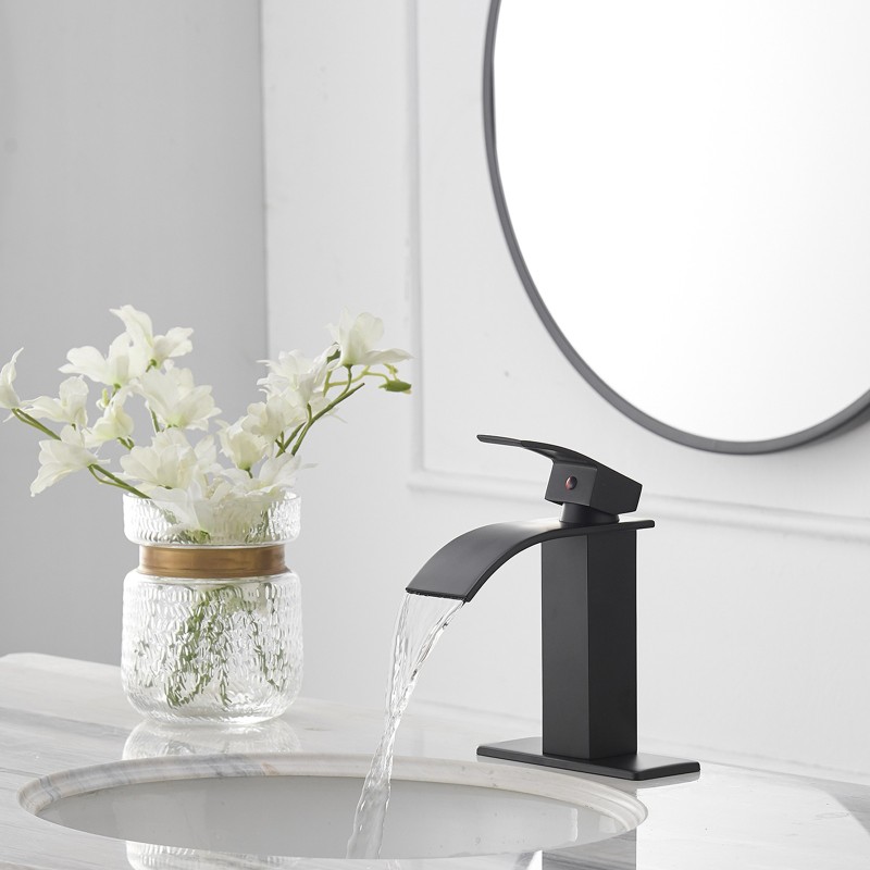 HK12-3246846 Waterfall Single Hole Single-Handle Low-Arc Bathroom Faucet With Supply Line in Matte Black