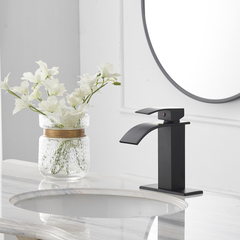 HK12-3246846 Waterfall Single Hole Single-Handle Low-Arc Bathroom Faucet With Supply Line in Matte Black