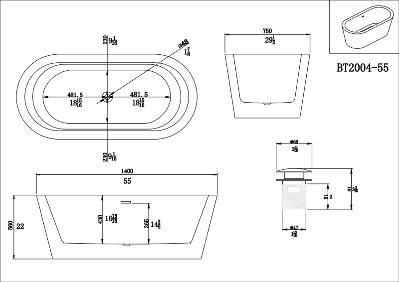 BT2004-55/BT2004-59/BT2004-63/BT2004-67 Freestanding Contemporary Design Acrylic Flatbottom  SPA Tub  Bathtub in White