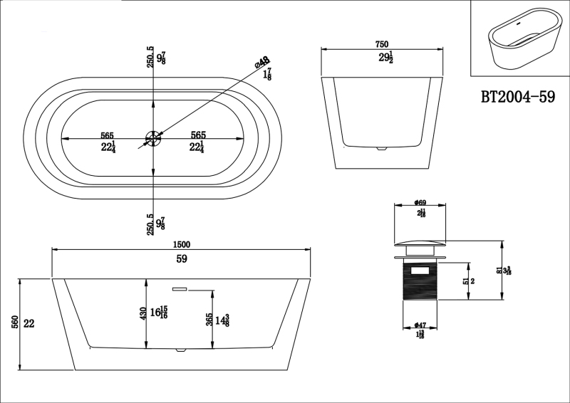 BT2004-55/BT2004-59/BT2004-63/BT2004-67 Freestanding Contemporary Design Acrylic Flatbottom  SPA Tub  Bathtub in White