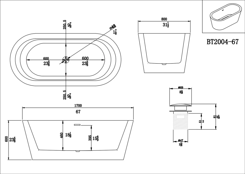 BT2004-55/BT2004-59/BT2004-63/BT2004-67 55"/ 59" /63" /67" Contemporary Design Acrylic Flatbottom  SPA Tub  Bathtub in White