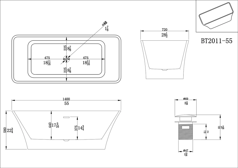 BT2011-55/BT2011-59/BT2011-63/BT2011-67 Freestanding. Contemporary Design Acrylic Flatbottom SPA Tub  Bathtub in White