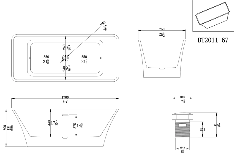 BT2011-55/BT2011-59/BT2011-63/BT2011-67 55"/59"/63"/67" Freestanding Acrylic Flatbottom SPA Tub  Bathtub in White