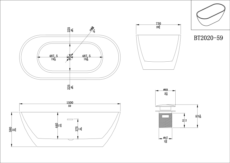 BT2020-55/BT2020-59/BT2020-63/BT2020-67  Freestanding. Contemporary Design Acrylic Flatbottom  SPA Tub  Bathtub in White