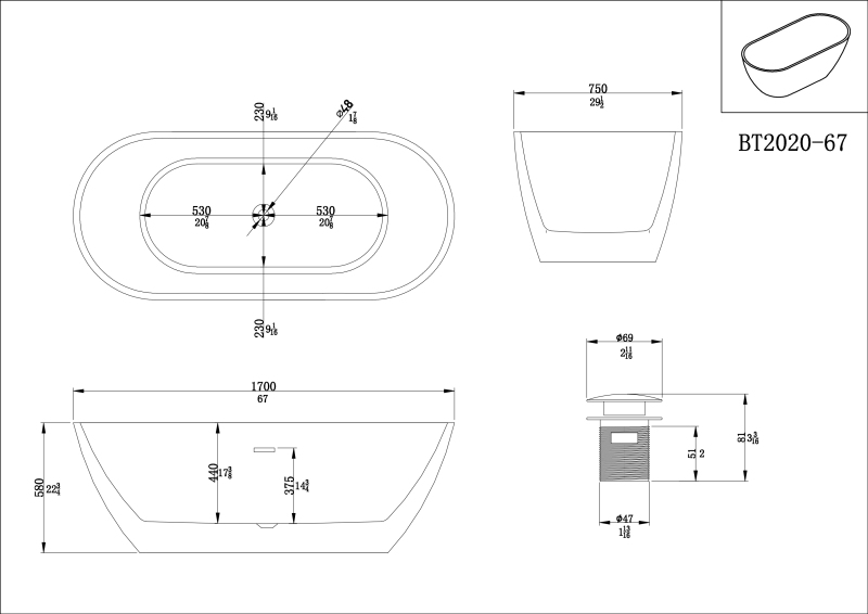 BT2020-55/BT2020-59/BT2020-63/BT2020-67 55"/59"/63"/67" Freestanding Acrylic Flatbottom  SPA Tub  Bathtub in White