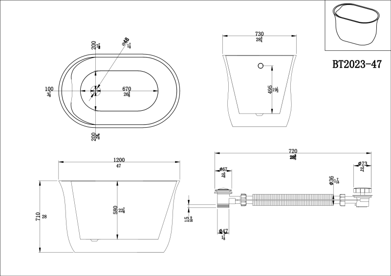 BT2023-47 Freestanding 47 in. Contemporary Design Acrylic Flatbottom  Soaking Tub  Bathtub in White