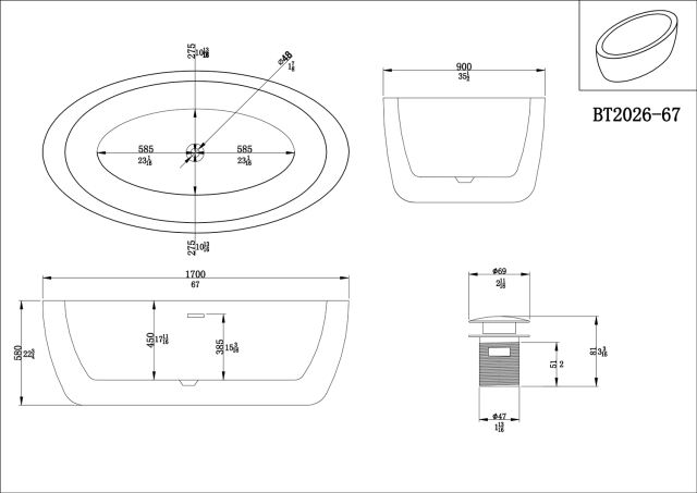 BT2026-67 Freestanding 67 in Contemporary Design Acrylic  SPA Tub Bathtub in White