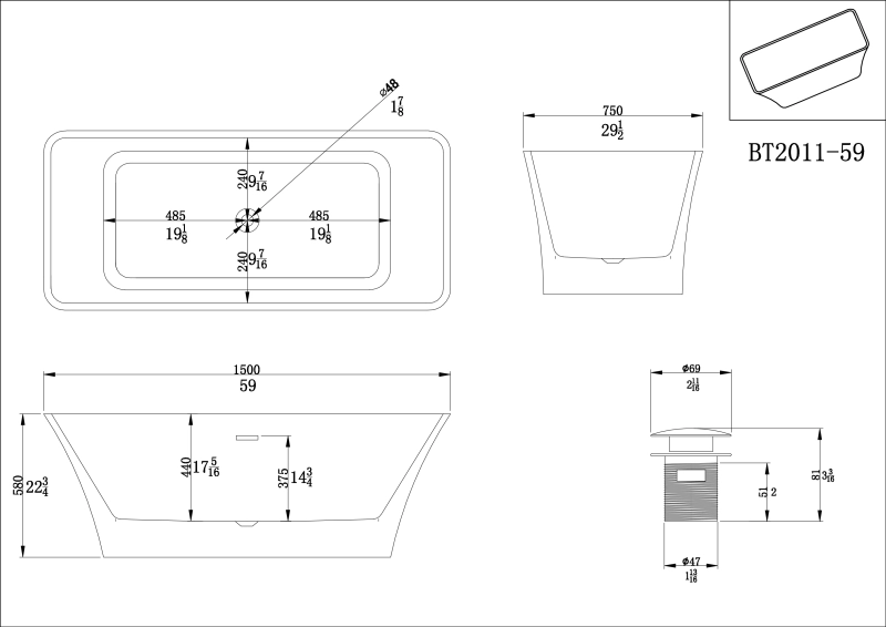 BT2011-55/BT2011-59/BT2011-63/BT2011-67 Freestanding. Contemporary Design Acrylic Flatbottom SPA Tub  Bathtub in White