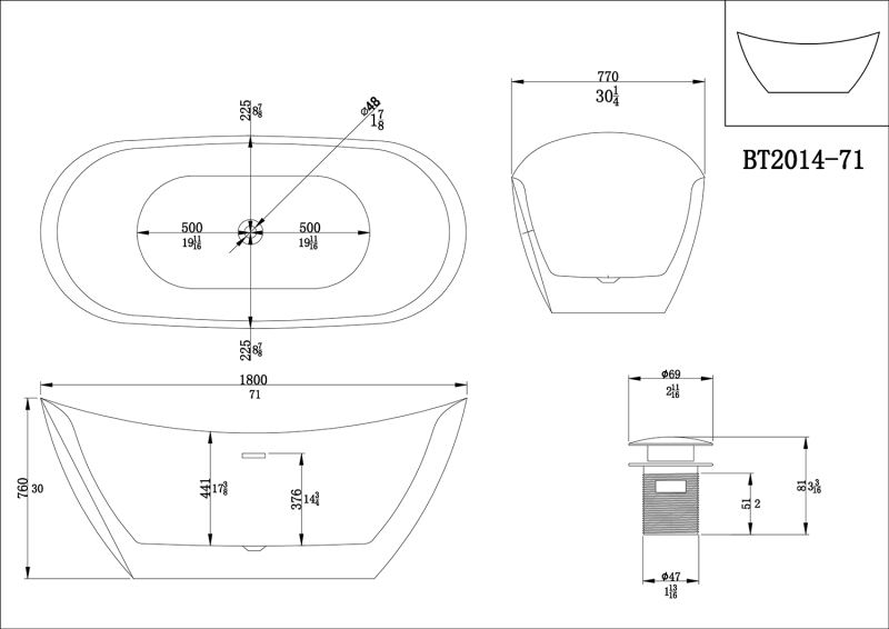 BT2014-63/ BT2014-67/BT2014-71 63"/67"/71"  Freestanding  Acrylic Flatbottom  SPA Tub  Bathtub in White