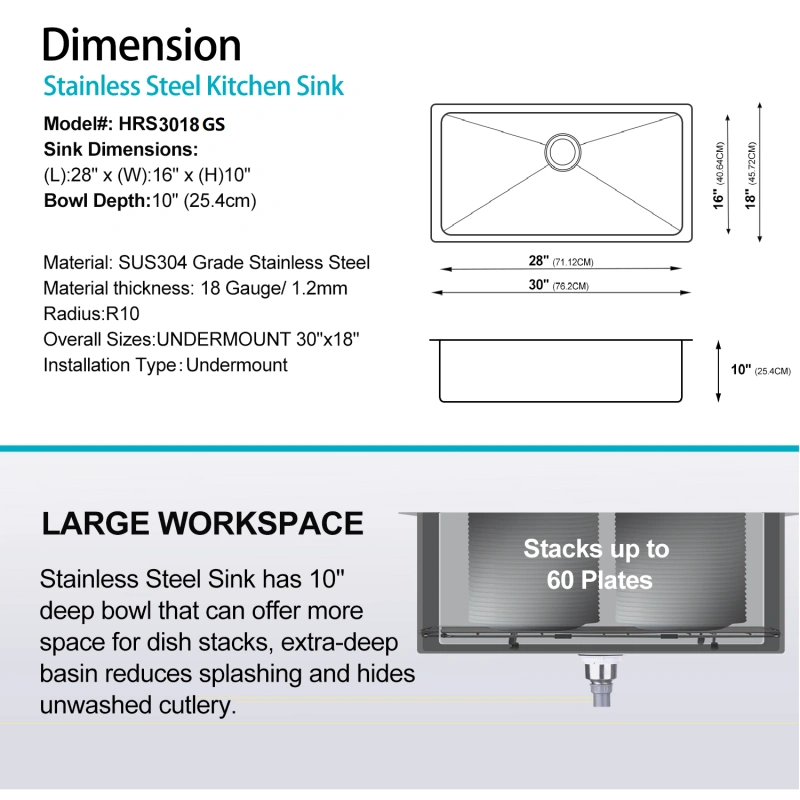 HS3018 Stainless Steel 30 in. Single Bowl Undermount Handmade Kitchen Sink without workstation