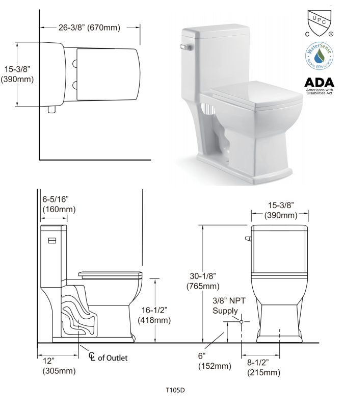 T105D Flush Elongated One-Piece Toilet (Seat Included)