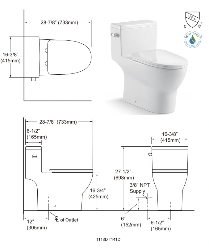 T113D Flush Elongated One-Piece Toilet (Seat Included)