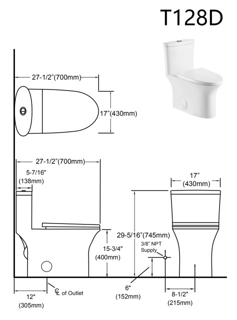 T128D Flush Elongated One-Piece Toilet (Seat Included)