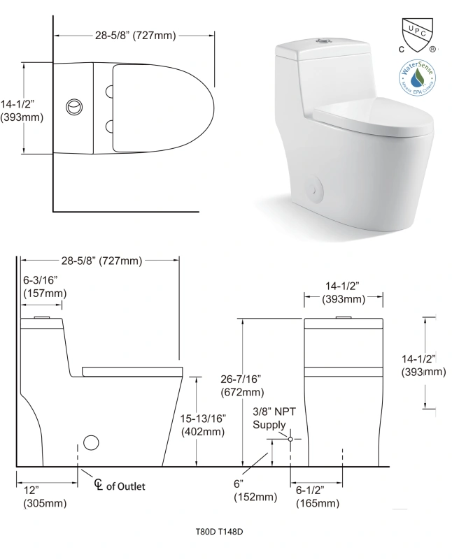 T80D Flush Elongated One-Piece Toilet (Seat Included)