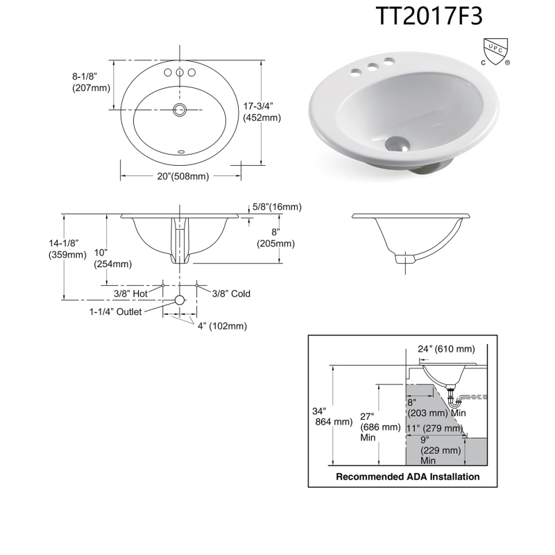 TT2017F3 Victorian 20 in.  Above Sink BasinBasin in White Ceramic