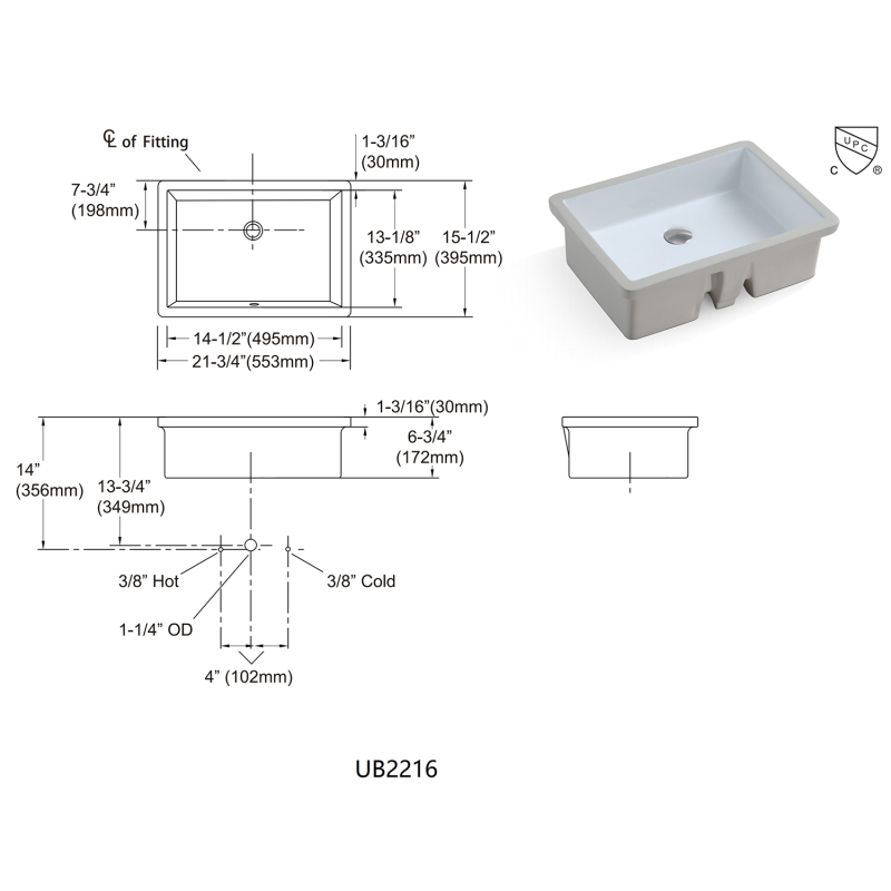 UB2216 21.75 in. Under mount Bathroom Sink Basin in White Ceramic