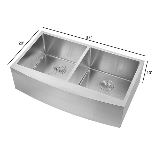 HFE3320 Stainless Steel  33'' L x 20'' W Double Bowl Sink Handmade Farmhouse Apron Kitchen Sink without workstation