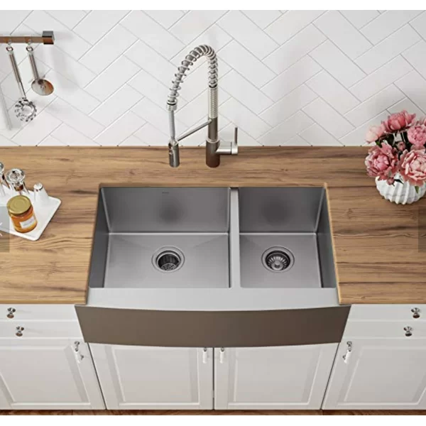 HFD3320 Stainless Steel 33 in. Double Bowl Sink Handmade Farmhouse Apron Kitchen Sink without workstation