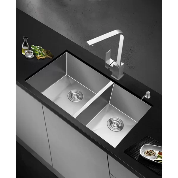 HE3720 Stainless Steel 37'' L x 20'' W Double Bowl Undermount Handmade Kitchen Sink Without Workstation