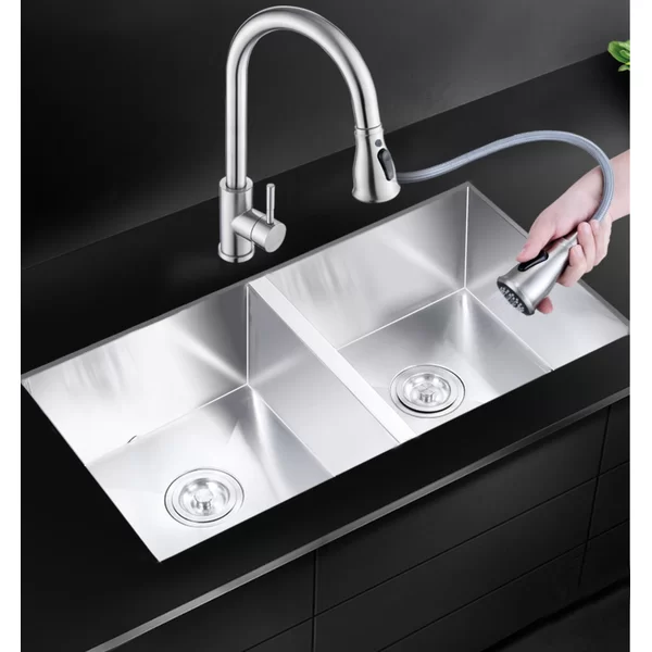 HE3720 Stainless Steel 37'' L x 20'' W Double Bowl Undermount Handmade Kitchen Sink Without Workstation