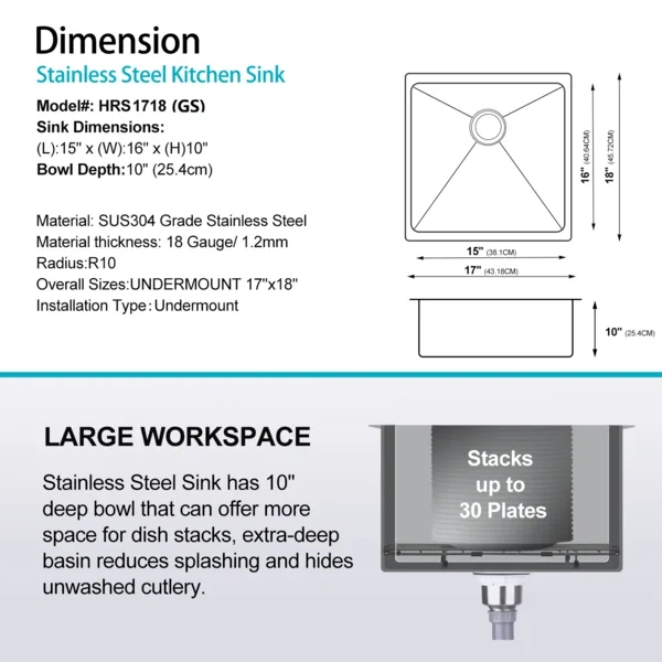 HRS1718GS Stainless Steel 18 Gauge  17'' L x 18'' W Single Bowl Undermount Workstation Kitchen Sink with grid and strainer