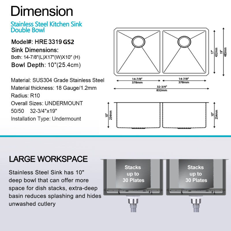 HRE3319GS2 Stainless Steel 18 Gauge  32.75'' L x 19'' W Double Bowl Undermount Workstation Kitchen Sink with grid and strainer