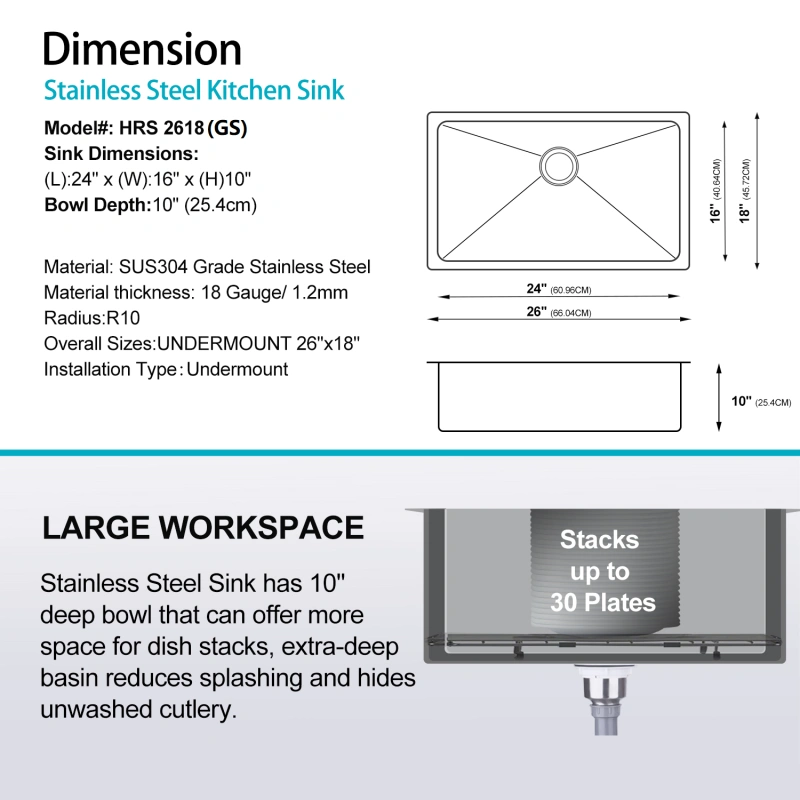 HRS2618GS Stainless Steel 18 Gauge 26'' L x 18'' W Single Bowl Undermount Workstation Kitchen Sink with grid and strainer