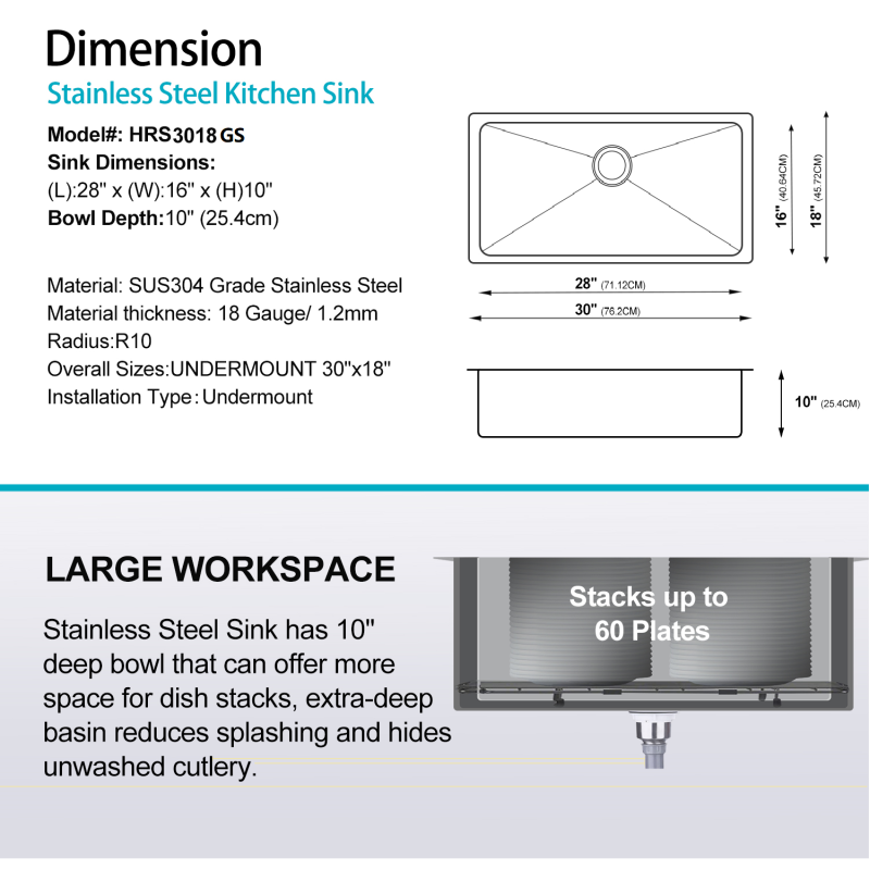 HRS3018GS Stainless Steel 18 Gauge  30" L x 18" W Single Bowl Undermount Workstation Kitchen Sink with grid and strainer