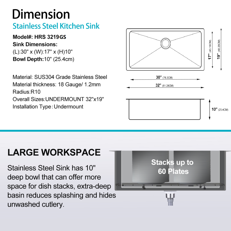 HRS3219GS Stainless Steel 18 Gauge  32.00 in. Single Bowl Undermount Workstation Kitchen Sink with grid and strainer