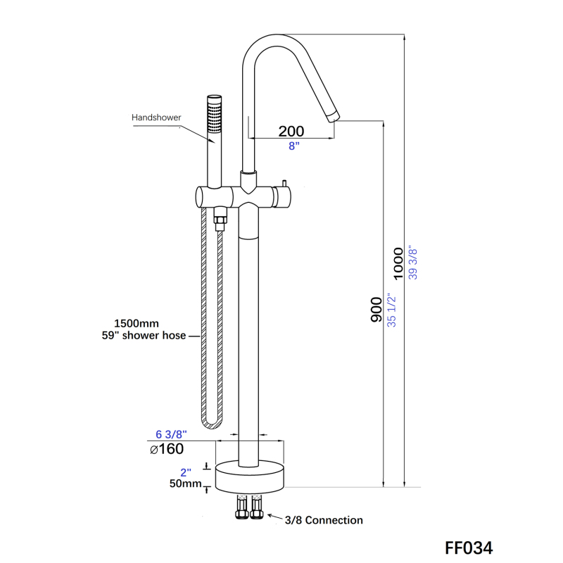 FF034/FF034BB/FF034BN/FF034MB/FF034ORB/FF034VB High Arch Chrome Single Handle Bathtub Filter with Handheld Shower Freestading Faucet