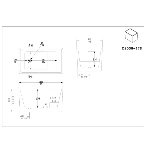 BT2038-47S Freestanding 47 in. Contemporary Design Acrylic Flatbottom  Soaking Tub  Bathtub in White