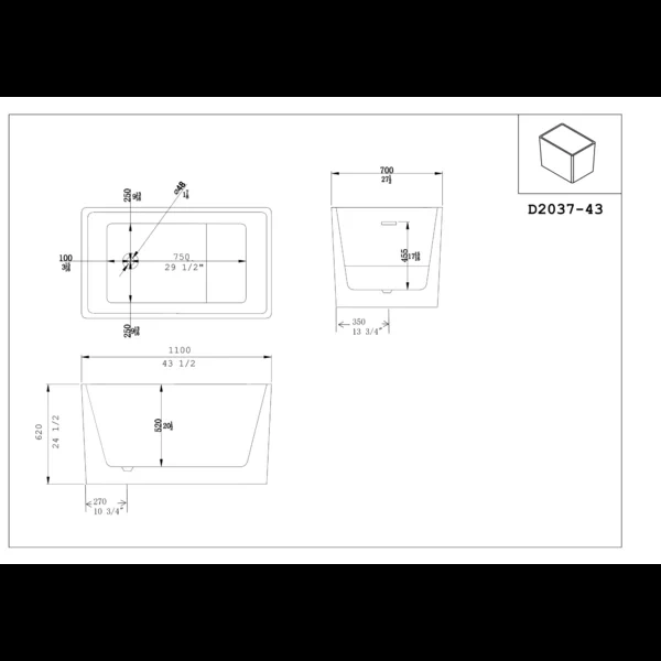 BT2037-43 Freestanding 43 in. Contemporary Design Acrylic Flatbottom  Soaking Tub  Bathtub in White