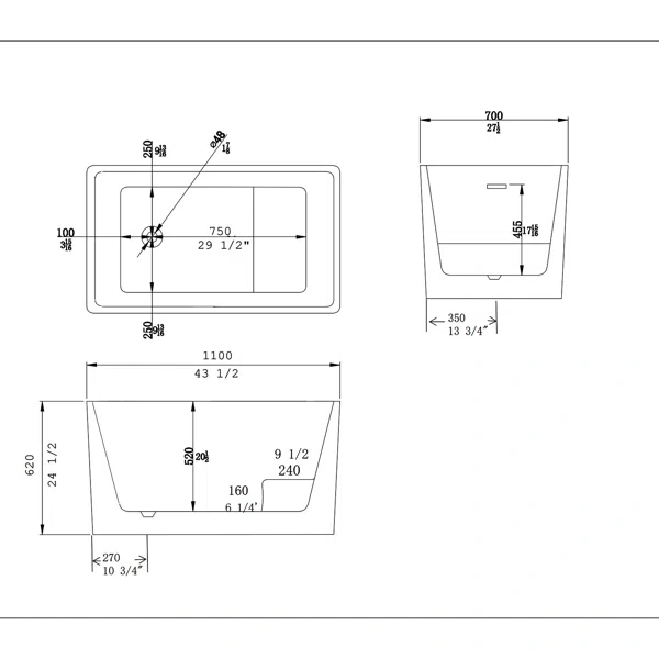 BT2036-43S Freestanding 43 in. Contemporary Design Acrylic Flatbottom  Soaking Tub  Bathtub in White