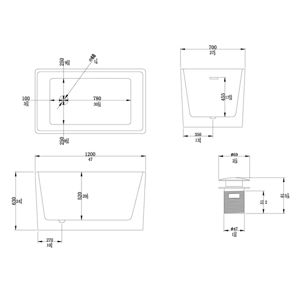 BT2034-47 Freestanding 47 in. Contemporary Design Acrylic Flatbottom  Soaking Tub  Bathtub in White