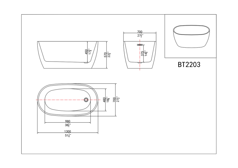 BT2203-51 Freestanding 51 in. Contemporary Design Acrylic Flatbottom Soaking Tub  Bathtub in White