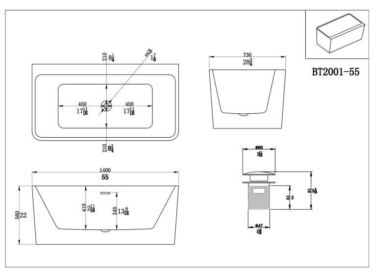 BT2001-55 / BT2001-67 Freestanding  Contemporary Design Acrylic Flatbottom  SPA Tub  Bathtub in White