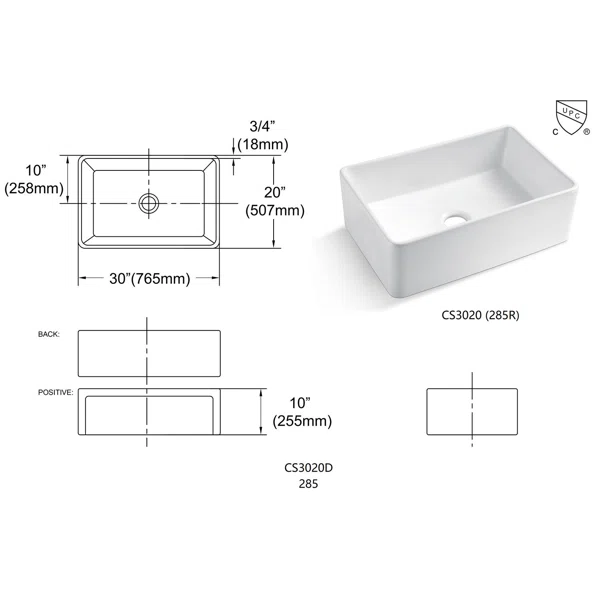 3020D White  Apron-Front Ceramic 30 in. Single Bowl Farmhouse Apron Kitchen Sink