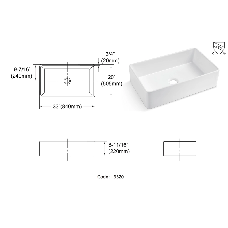 3320 Apron-Front Ceramic 33 in. single Bowl Farmhouse Apron Kitchen Sink
