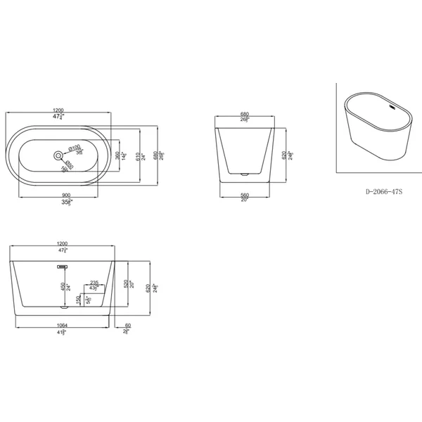 D2066-47S Freestanding 47 in. Contemporary Design Acrylic Flatbottom  Soaking Tub  Bathtub in White