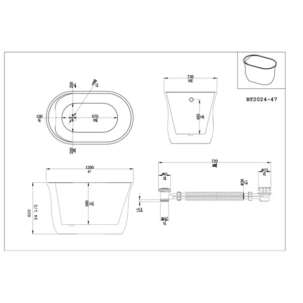 BT2024-47 Freestanding 47 in. Contemporary Design Acrylic Flatbottom  SPA Tub  Bathtub in White